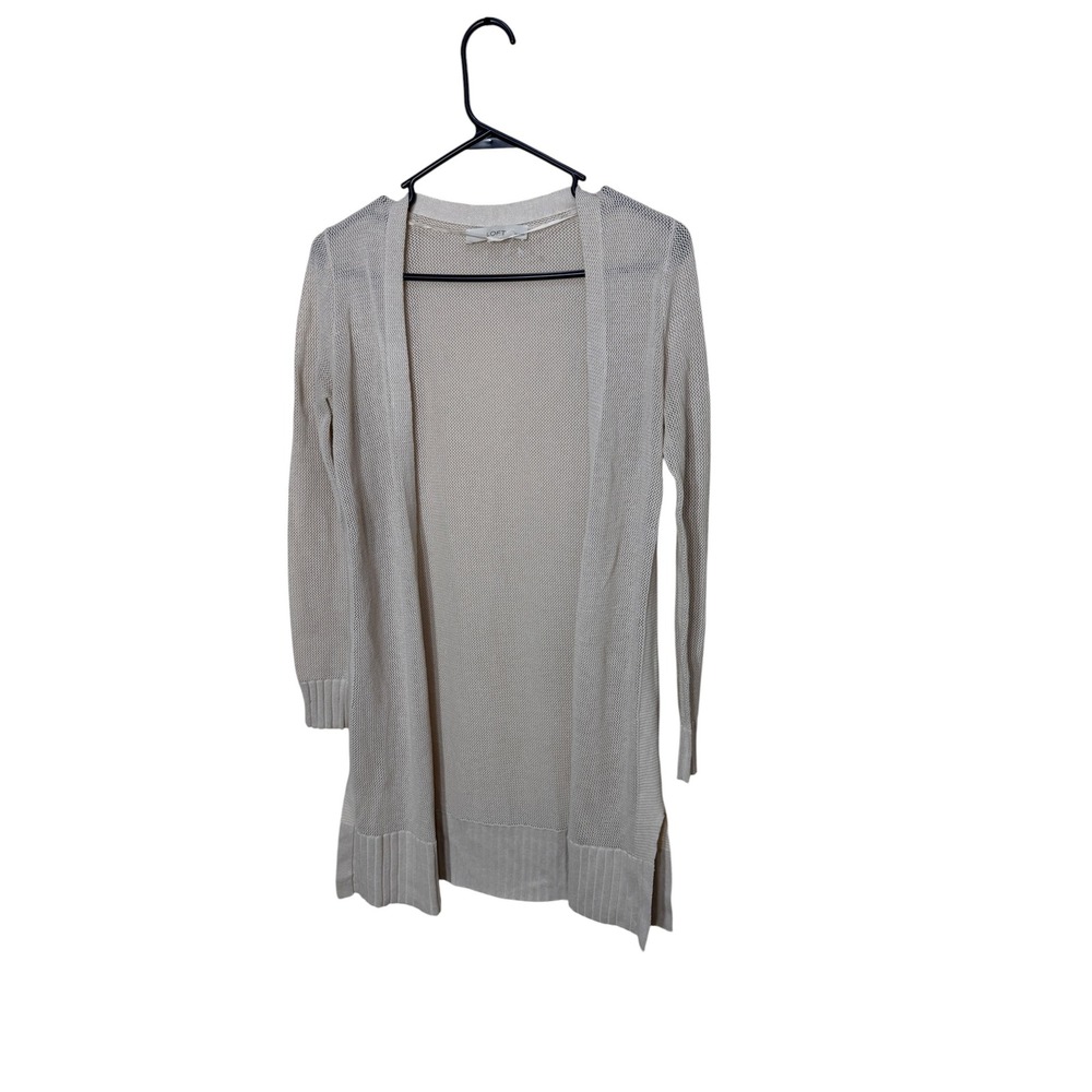 Loft Petites Oatmeal Beige Linen Blend Open Front Mesh Longline Cardigan XXSP